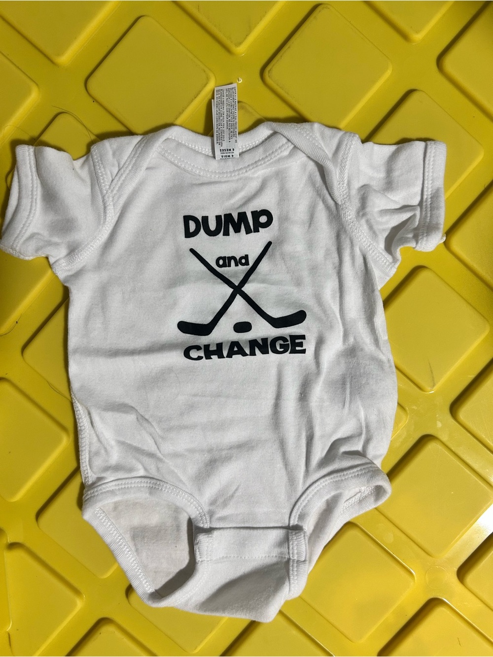 Rabbit Skins White Baby Tee with Black 'Dump and Change' Hockey Graphic